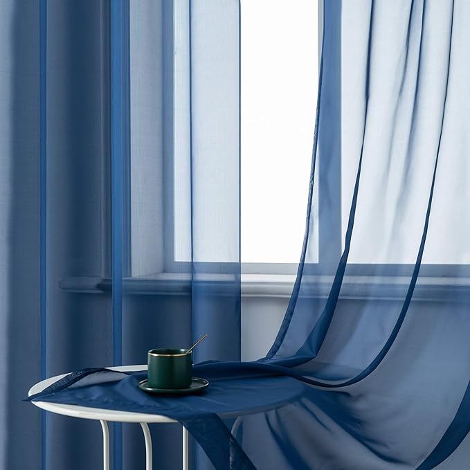 DUALIFE 45 Inches Navy Short Curtains for Bathroom Set of 2 Panels Grommet Semi Voile Drapes Navy Blue Sheer Curtains for Boys Room Kids Bedroom Small Windows 52 x 45 Inch Indigo Blue