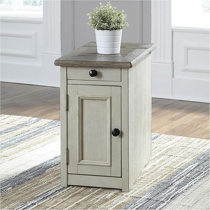 Signature Design by Ashley Bolanburg Farmhouse Chair Side End Table with Outlets and USB Ports, Antique Cream & Brown