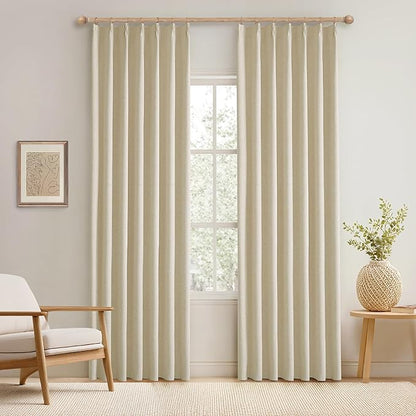 KangBang Extra Wide Pinch Pleated Blackout Curtains 84 Inch Length 2 Panels Set, Thermal Insulated Linen Curtains for Sliding Door Living Room, Rustic Pleat Draperies with Hooks,60x84, Natural Beige