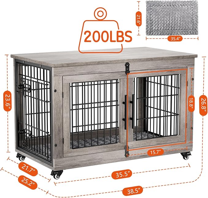 Lulive Dog Crate Furniture Set of 2, Dog Kennel Indoor Double Doors Wooden Dog Cage, 38'' Heavy Duty Dog Crate with Cushion & Wheels, End Table Pet House Chew-Resistant Up to 70 lb, Grey-Mewly Pet