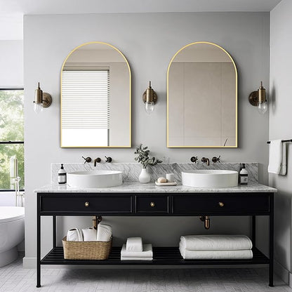 Delma Arched Bathroom Mirror, 24"x36" Wall Mounted Vanity Mirror for Bedroom, Living Room and Entryway, Gold
