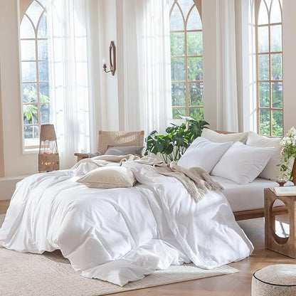 MooMee Bedding Duvet Cover Set 100% Washed Cotton Linen Like Textured Breathable Durable Soft Comfy (Solid Bright White, Palatial King/Oversized King 120"x98")