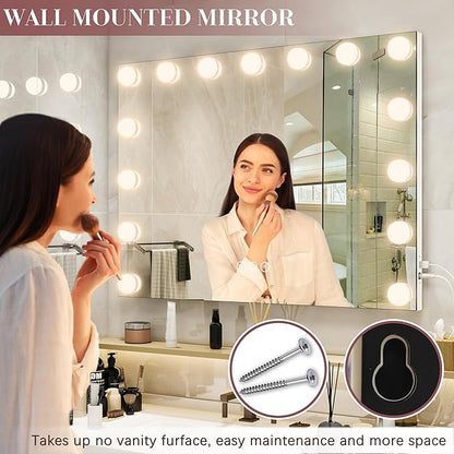32"x24" Hollywood Vanity Mirror with Lights, 18 Dimmable LED Bulbs, 3 Color Modes, 10X Magnification, USB Charging Port, Tabletop or Wall-Mounted