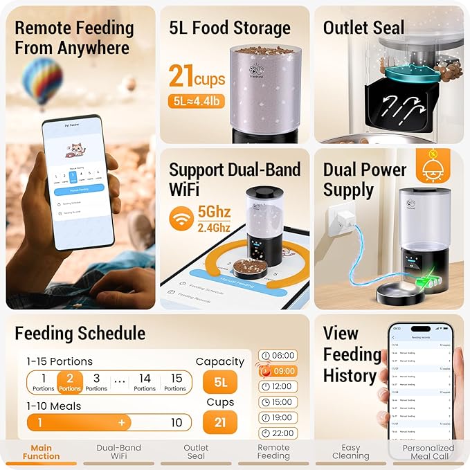 5L Automatic Cat Feeder with Sealed Outlet: 5G WiFi Automatic Dog Feeder with APP Control, Auto Cat Food Dispenser with Voice Recording for Pets, Detachable for Easy Clean - 21 Cup-Mewly Pet