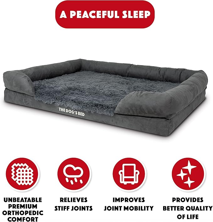 The Dog’s Bed, XXL Grey Fur Memory Foam, Pain Relief: Arthritis, Hip & Elbow Dysplasia, Post Surgery, Lameness, Supportive, Calming, Waterproof, Washable Cover, Veterinary Approved-Mewly Pet