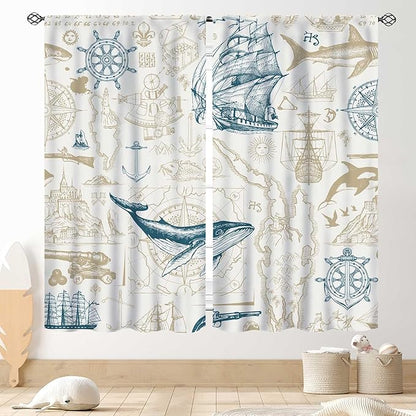 Vintage Nautical Curtains, Marine Coastal Sailboat Compass Anchor Ocean Beach Whale Old Pirate Map Decorative Drapes for Bedroom Living Room Kitchen Bathroom Window 2 Panels Set, 63"x72" Inch