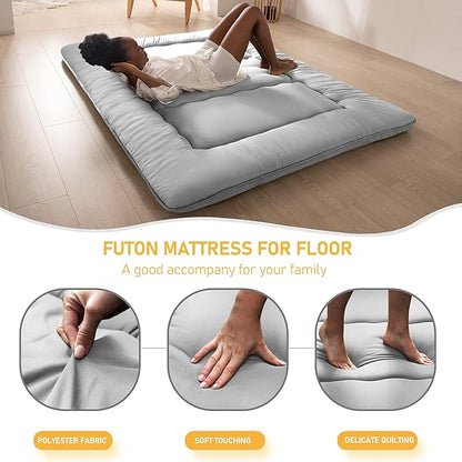 MAXYOYO Japanese Floor Mattress Futon Mattress, Thicken Daybed Futon Roll Up Guest Mattress Thicken Sleeping Pad Foldable Tatami Mat Floor Lounger Bed Couches and Sofas, Grey, Queen