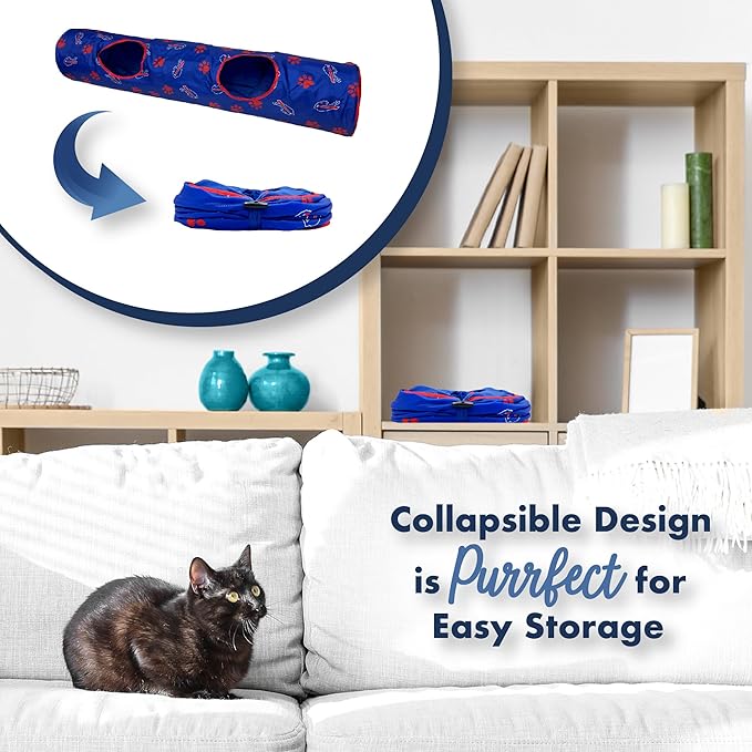 NFL Buffalo Bills Cat Tunnel Tube Toy with Plush Football Catnip and Feathers Collapsible Tunnel for Cats to Play, Peek and Hide, Sporty & Fun Cat Tunnel Toy with Team Logo All-Over Design!-Mewly Pet