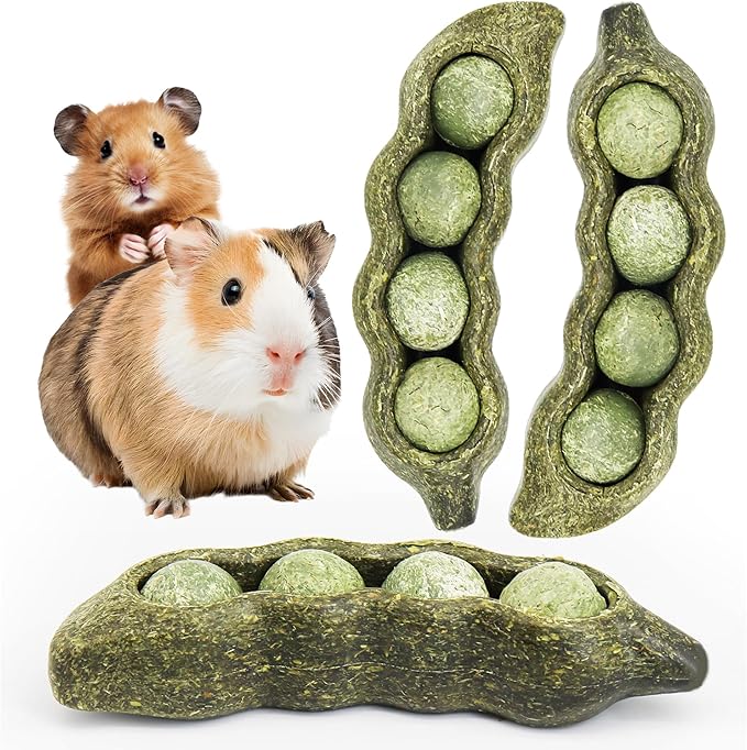 TEEWY 3PCS Guinea Pig Chew Toys, Prevent Teeth Overgrowth, Natural Vegetables and Timothy Grass, Hamster Chew Toys, Guinea Pig Toys, Chinchilla Toys, Peapod-Shaped-Mewly Pet