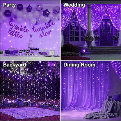 HXWEIYE 300LED Fairy Curtain Lights, 9.8x9.8Ft USB Plug-in 8 Modes Christmas String Hanging Lights with Remote for Bedroom Backdrop Wedding Party Indoor Wall Decor, Purple, Standard