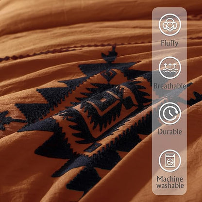 MaiRêve Burnt Orange Embroidery Comforter Sets Full Size - 7 Pieces, Farmhouse Western Boho Comforter Set, All Season Bed in A Bag Full Size with Sheets, Pillowcases & Shams
