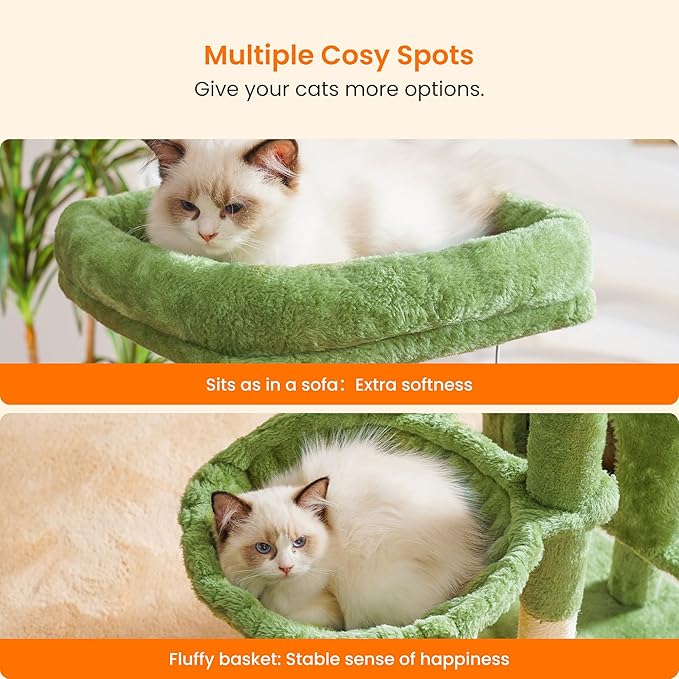 Heybly Cat Tree with Cat Self Groomer Brush, Cat Tower Condo for Indoor Cats with Padded Plush Perch, Cat House with Basket Scratching Board Post, Green HCT005SGR-Mewly Pet