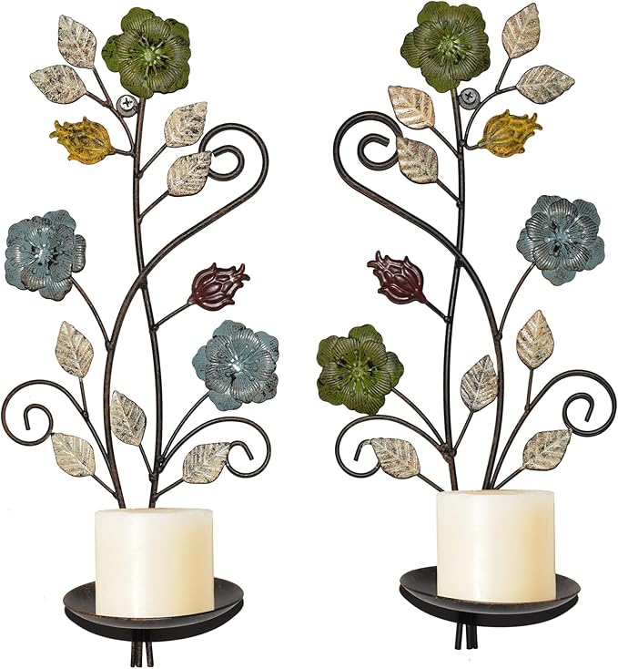 Wall Sconces Candle Holder Set of 2, Antique Color Style Leaf Branch Wall Mount Hanging Metal Wall Candle Holder Candle Sconce for Living Room Dining Room…