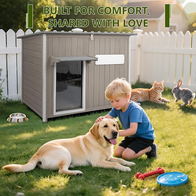 Large Dog House Outdoor XL Wooden Dog House with Weatherproof Asphalt Roof, Chew-Resistant Frame, Removable Floor, for Medium to Large Dogs Indoor Outdoor Use (Grey, 43.3"L x 29.5"W x 33.5"H)-Mewly Pet