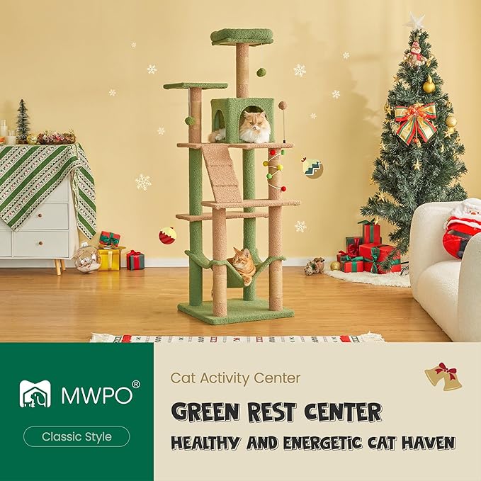 MWPO 63.8 Inches Green Cat Tree for Indoor Cats, Multi-Level Cat Tower with Sisal-Covered Scratching Posts, Padded Platform, Hammock, Dangling Toys, Stable Cat Condo Pet Play House-Mewly Pet
