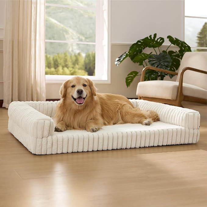 Bedsure Orthopedic Dog Beds for Extra Large Dogs, Waterproof Memory Foam XL Pet Bed with Sides, Non-Slip and Egg-Crate Foam Big Dog Couch Sofa with Washable Removable Corduroy Cover, Cream-Mewly Pet