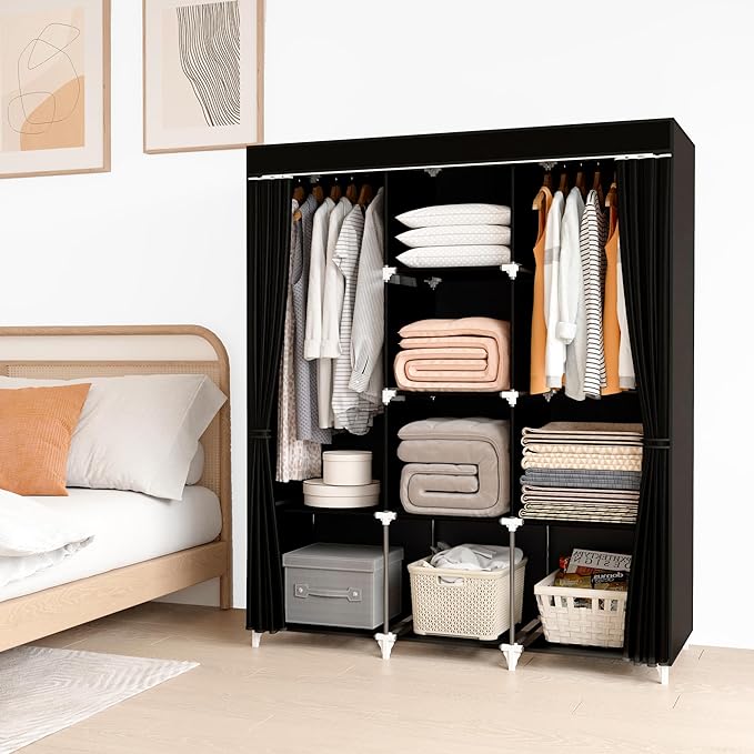 Portable Closet, 51 Inch Wardrobe Closet for Hanging Clothes with 2 Hanging Rods, 8 Storage Organizer Shelves for Bedroom, Durable and Easy to Assemble, Black