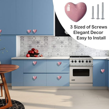 Ceramic Drawer Knobs Heart Shape Cabinet Dresser Pulls Handles with 3 Sized Screws, Kitchen Furniture Knobs for Closet Cupboard Wardrobe (10 Pack, Pink)