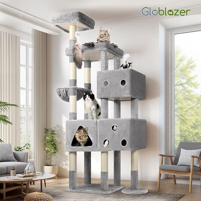 Globlazer Extra Large Cat Tower, 81-inch Tall Cat Tree for Big Cats 20 lbs, XXL Heavy Duty Cat Scratching Tower for Indoor Adult Cats with 3 Cat Condos, 8 Scratching Posts, F81, Light Grey-Mewly Pet