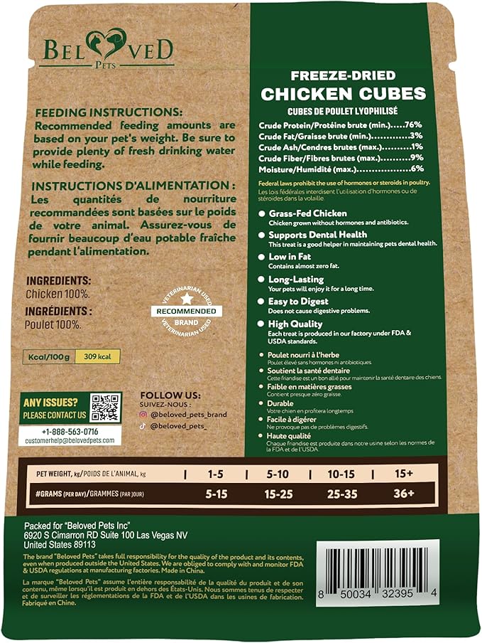 Beloved Pets Dog & Cat Treats Freeze Dried Chicken Cubes 5.3 oz - All Natural Meat Raw Pet Food - Human Grade High-Protein Snacks & Grain-Free Jerky Chews for Cats and Small Dogs-Mewly Pet