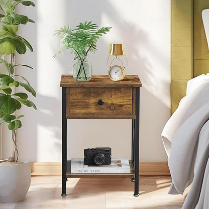 VECELO Nightstands Set of 2, Modern Bedside End Tables, Night Stands with Drawer and Storage Shelf for Living Room Bedroom, Industrial Metal Frame