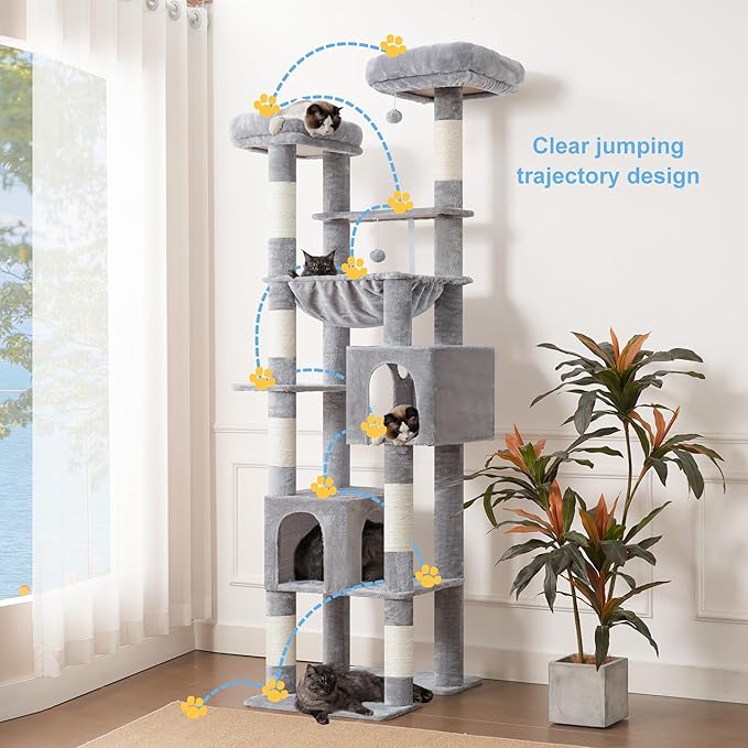 Hey-brother Tall Cat Tree Tower, Heavy Duty Scratching Posts with Large Platforms, Cozy Condos, Big Hammock, Toy Balls, Multi-Level Furniture for Indoor Adult Cats, 80.7 Inches, Light Gray MPJ039W-Mewly Pet
