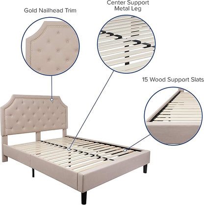 Flash Furniture Brighton Queen Size Tufted Upholstered Platform Bed in Beige Fabric