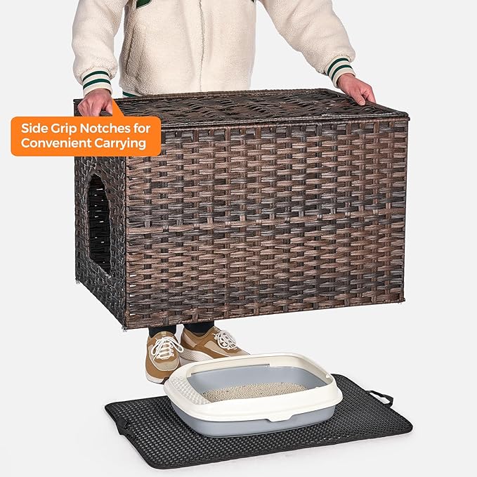 Cat Litter Box Enclosure with Litter Trapping Mat; Handwoven Plastic Rattan Kitten House; No Installation Hidden Cat Washroom; Pet Crate for Balcony,Bedroom,Living Room-Mewly Pet