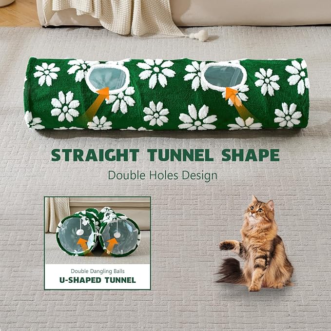 Straight Cat Tunnel for Indoor Cats 47"x12", Cute Cat Toys Collapsible Tunnel Tube with Balls for Puppy Kitten Rabbit, Green Flower-Mewly Pet