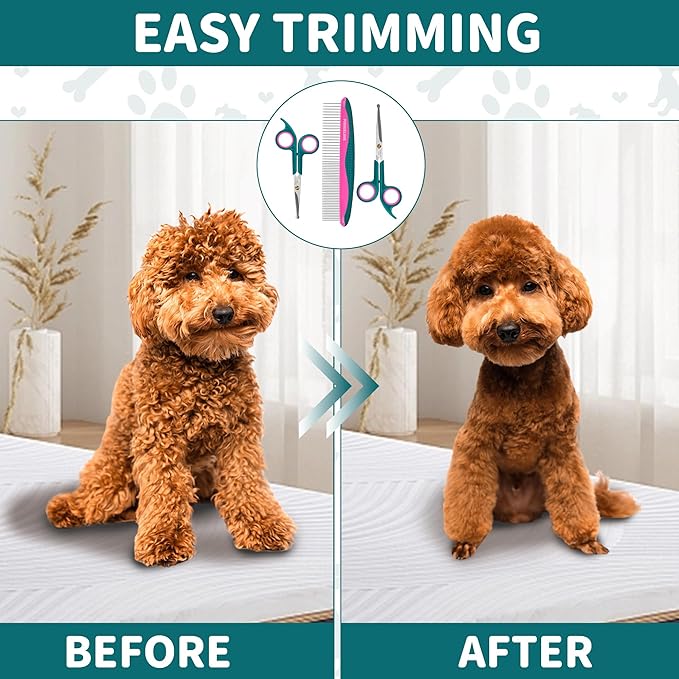 Pet Grooming Scissors Kit, Dog Grooming Shears with Stainless Steel Rounded Tip Blades for Safe Fur Trimming for Dog, Cat, Includes Pet Comb (Set of 3)-Mewly Pet
