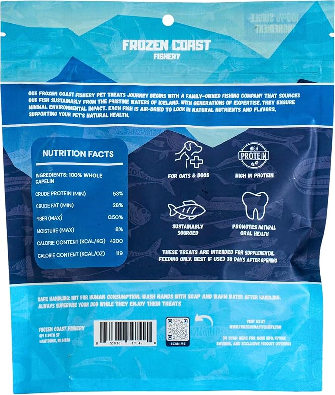 Frozen Coast Capelin Cat & Dog Treats- Single-Ingredient, All-Natural, High-Protein, Omega-3s, Fish Snacks (3 oz Bag)-Mewly Pet