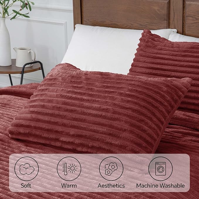 BEDELITE Fleece Full Comforter Set -Super Soft & Warm Fluffy Burgundy Bedding, Luxury Fuzzy Heavy Bed Set for Winter with 2 Pillow Cases