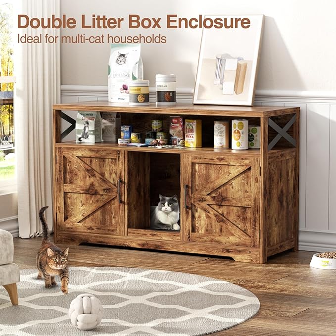 Cat Litter Box Enclosure for 2 Cats, 47" Double Hidden Litter Box Furniture with Scratch Pad, Farmhouse Indoor Litter Box Cabinet Cat Washroom, Rustic Brown-Mewly Pet
