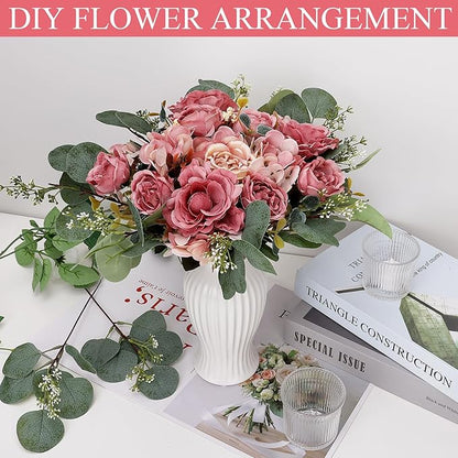 Peony Artificial Flowers, Faux Peonies Hydrangea Eucalyptus Bouquet 12 Packs Silk Vintage Realistic Peony Floral Arrangement for Wedding Centerpiece Table Vase Home Party Decor-Dusty Pink