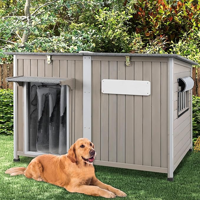 Weatherproof Outdoor Dog House, Wooden Puppy Shelter with Anti-Chewing Iron Frame and Elevated Floor, Sturdy Dog Kennel for Small, Medium & Large Dogs, Grey (Gray, 51" L x 29" W x 32" H)-Mewly Pet