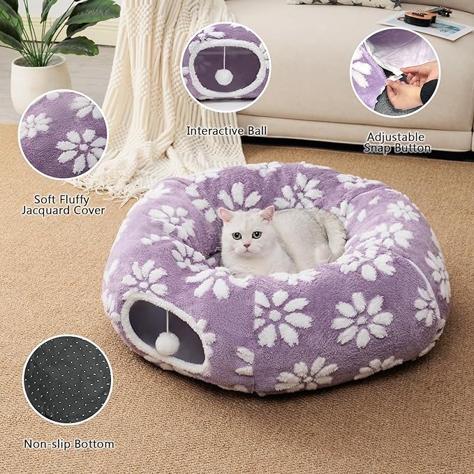 Cat Tunnel for Indoor Cats, Cute Peekaboo Cat Cave with Dangling Balls, Pet Donut Tunnel Bed with Circle Mat for Puppy Kitten Rabbit, Purple-Mewly Pet
