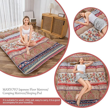 MAXYOYO Bohemian Retro Floor Mattress Vintage Floral Japanese Futon Mattress Roll Up Thicken Sleeping Bed Portable Camping Mattress Floor Lounger Couch Bed Mattress Pad Queen