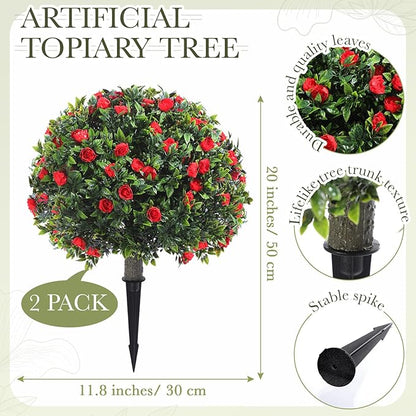 Yunlly Set of 2 Artificial Boxwood Topiary Ball Tree Fake Bushes Shrubs Outdoor Faux Plant with Ground Spike Flowers UV Resistance Greenery for Front Porch Garden Patio Indoor(Red,18x10inch)