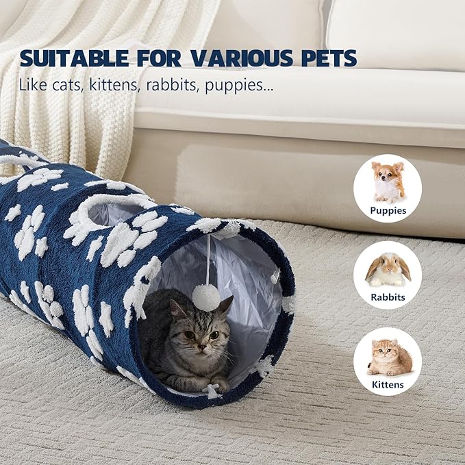 Straight Cat Tunnel for Indoor Cats 47"x12", Cute Cat Toys Collapsible Tunnel Tube with Balls for Puppy Kitten Rabbit, Blue Paw-Mewly Pet