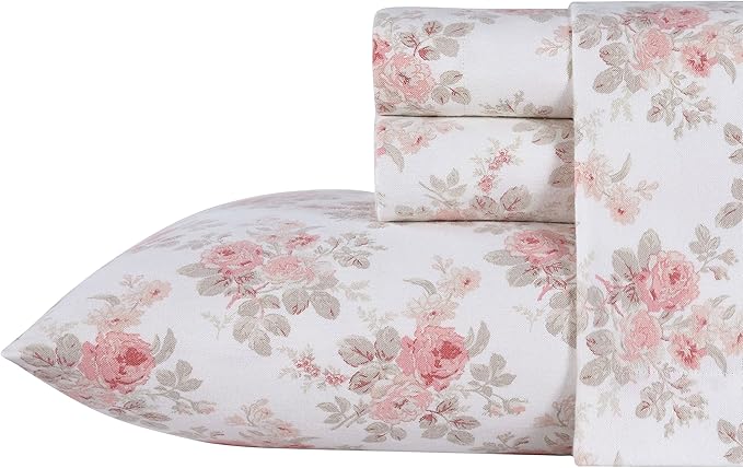 Laura Ashley - Flannel Sheets King Size, Anti-Pilling & Wrinkle Resistant Cotton, Touchably Soft for All-Season Comfort - Bed Sheets with Matching Pillowcases & Fitted Sheet (Lisalee Pink)