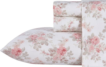 Laura Ashley - Flannel Sheets Queen Size, Anti-Pilling & Wrinkle Resistant Cotton, Touchably Soft for All-Season Comfort - Bed Sheets with Matching Pillowcases & Fitted Sheet (Lisalee Pink)
