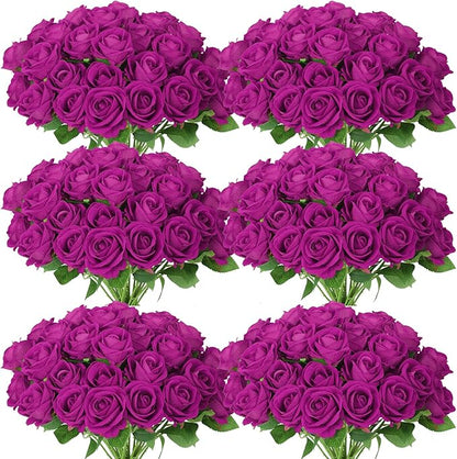 52 PCS Purple Artificial Roses Bulk, Fake Artificial Flowers Bridal Bouquet Silk Faux Rose with Stems for Wedding Flowers Decoration, Valentine's Day, Bridal Bouquet, Anniversary, Home Decor (52PCS)