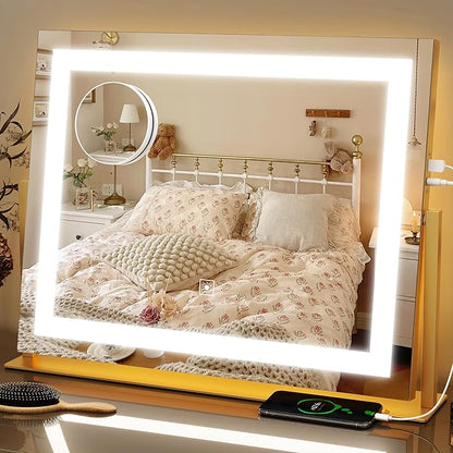 FENNIO Vanity Mirror with Lights 22''x18'' Makeup Mirror with Lights,Lighted Makeup Mirror with 10X Magnification and USB，Smart Touch Screen with 3-Color Lighting,Dimmable（Square Gold）