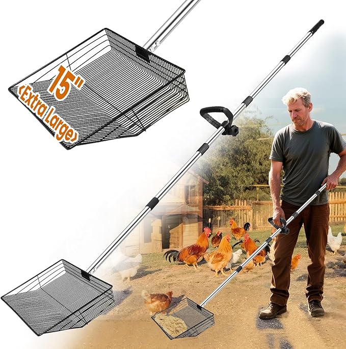 15 inch Extra Large Chicken Poop Scooper with Ergonomic Grip,5-in-1 Heavy Duty Adjustable Coop Scoop for Poop (24 to 68"), Stainless Steel Sifting Litter Shovel Scoop for Chicken Coop-Mewly Pet