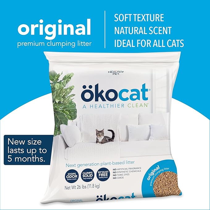 ökocat Original Wood Clumping Cat Litter, Unscented, 26 pounds XL - Natural Ingredients, Stops Odor, Clumps Solid, 99% Dust Free, Great for All Cats-Mewly Pet