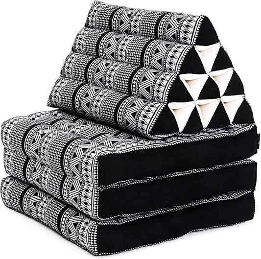 Leewadee Comfortable Japanese Floor Mattress - Thai Floor Bed with Triangle Cushion - Futon Mattress - XL Extra Long Thai Massage Mat, 89 x 20 inches, Black White, Kapok Filling