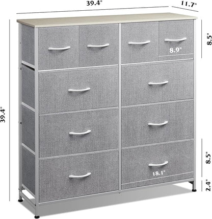 WLIVE Fabric Dresser for Bedroom, Dresser with 10 Drawers, Storage Tower with Fabric Bins, Double Dressers, Chest of Drawers for Closet, Living Room, Hallway, Light Grey