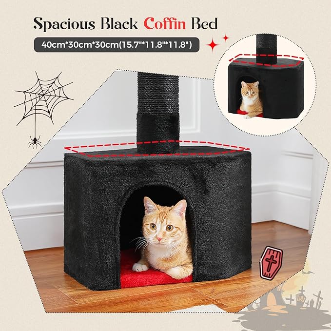 PAWZ Road Gothic Cat Tree, Floor to Ceiling Cat Tower with Adjustable Height (86.8-120 Inches), 5 Tiers Black Cat Condo with Cozy Hammock, Fully Scratching Posts and Dangling Balls for Indoor Cats-Mewly Pet