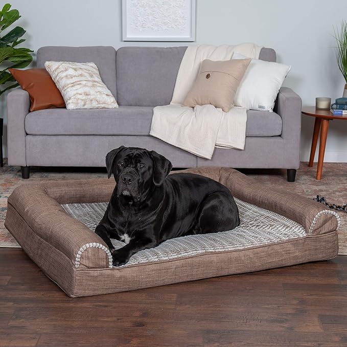Furhaven Cooling Gel Dog Bed for Large Dogs w/ Removable Bolsters & Washable Cover, For Dogs Up to 125 lbs - Luxe Faux Fur & Performance Linen Sofa - Woodsmoke, Jumbo Plus/XXL-Mewly Pet