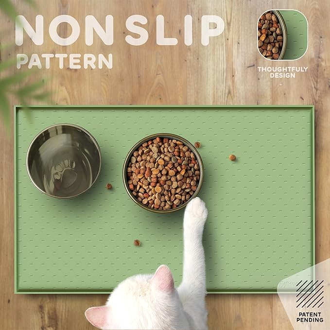 Dog Food Mat - 28x18 Raised Edges Dogs Mat for Food and Water Prevent Spill, Waterproof Cat Food Mats Protect Floors, Easy Clean Dog Bowl Mats for Food and Water, Silicone Pet Feeding Placemats Green-Mewly Pet